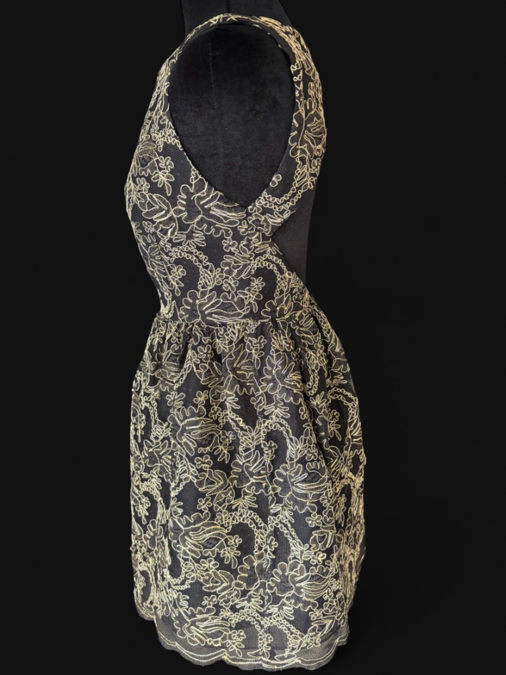 Alice + Olivia Black Gold Embroidered Lace Open Back Fit & Flare Mini Dress - Picture 3 of 7